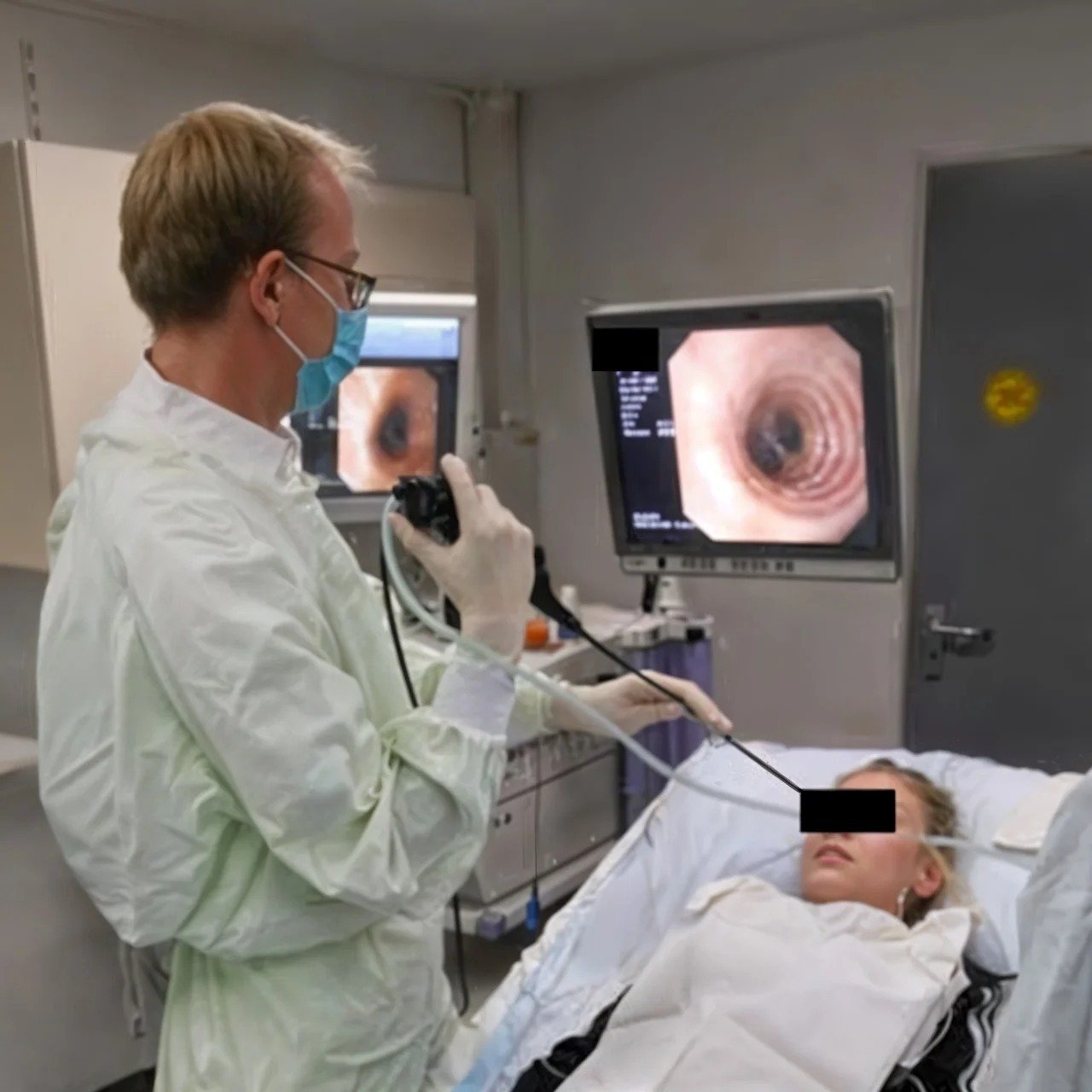 Bronchoscopy procedure showing airway examination with a flexible bronchoscope