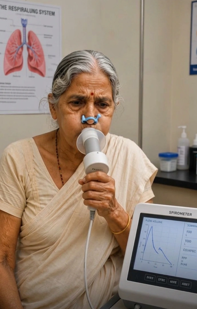 Older adult performing spirometry pulmonary function testing